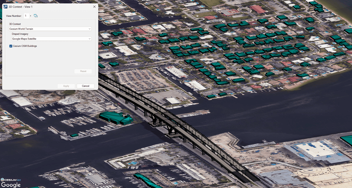 A 3D map view of a coastal city created in MicroStation 2026, showing buildings, infrastructure engineering features like a bridge and waterfront areas, with a CAD settings menu for 3D content options open in the upper left corner.
