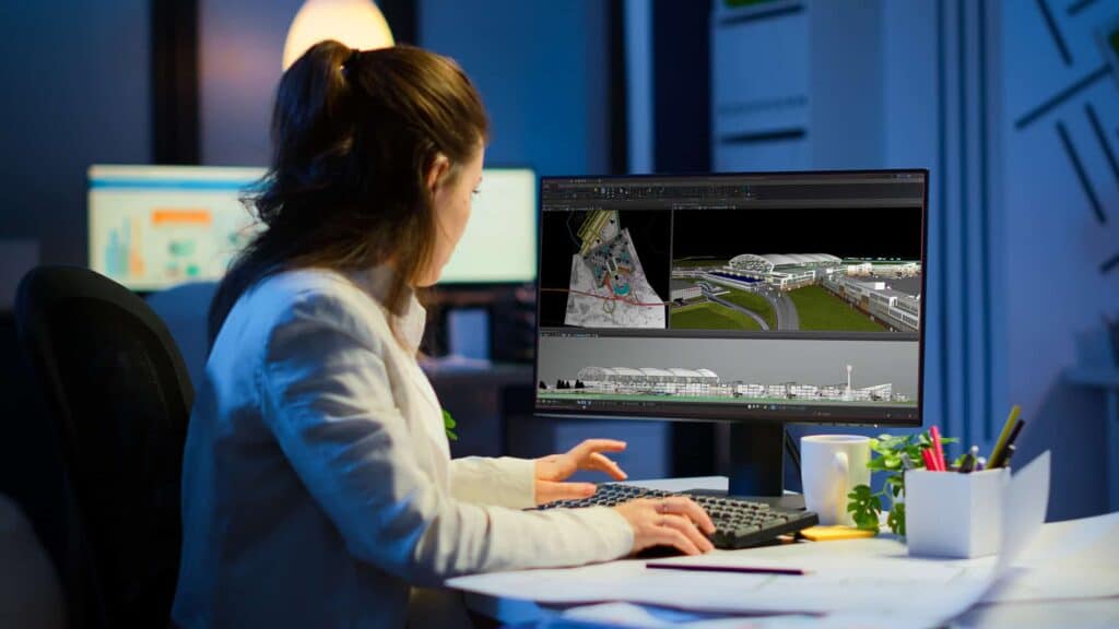A woman works at a desk, using a computer with architectural design software displayed on the monitor in an office setting at night.