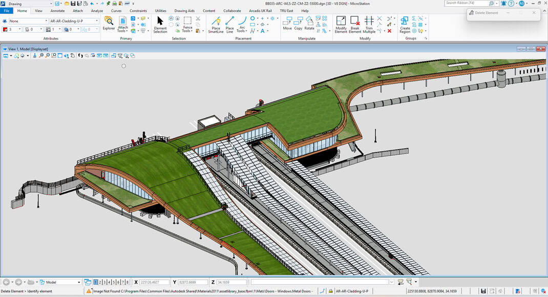 3D architectural rendering of a modern stadium with terraced seating, green roofs, and pedestrian walkways, showcasing engineering clarity and innovation in design software.