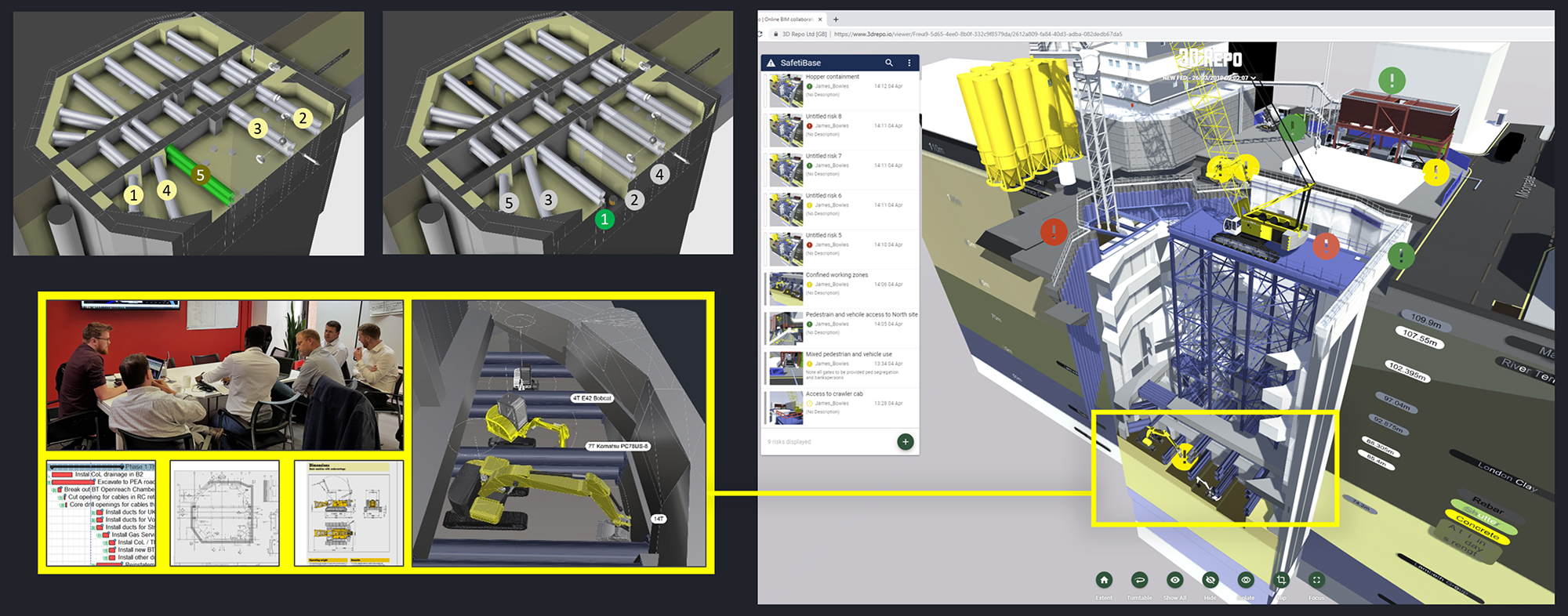Collage showing diagrams, construction photos, charts, and a meeting scene. Includes a construction plan, machinery details, schedules, and a virtual interface for site management.