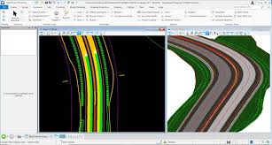 A computer screen displays civil engineering software with a road design plan on the left and a 3D road model on the right.