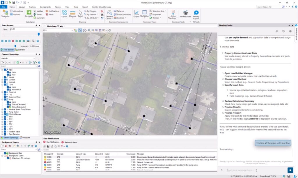 A GIS software window powered by OpenFlows 2026 shows a satellite map with overlaid utility lines and property boundaries; side panels display property details and attribute tables.
