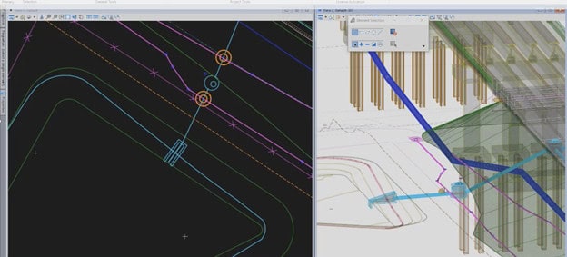 Side-by-side CAD software screens display technical drawings for hydraulic analysis, featuring various lines, shapes, and annotations.