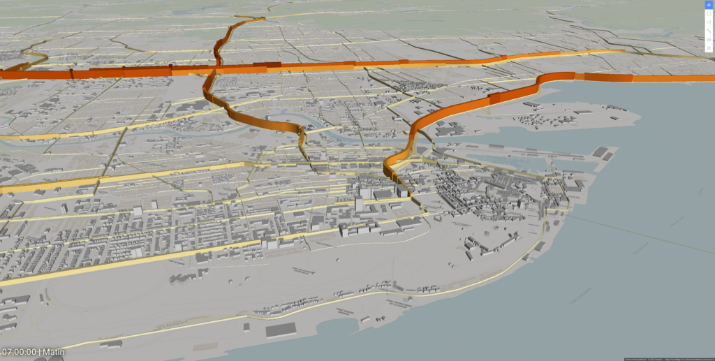 3D map view of an urban area with highlighted orange and yellow lines representing infrastructure, roads, or tramway planning near a waterfront.