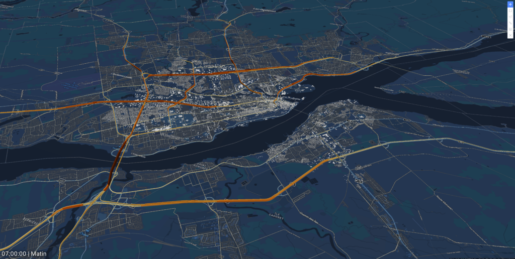 A digital map rendering shows a city divided by a wide river, with major roads highlighted in orange and white buildings concentrated along both sides—ideal for Bentley OpenPaths use in Québec City tramway planning.