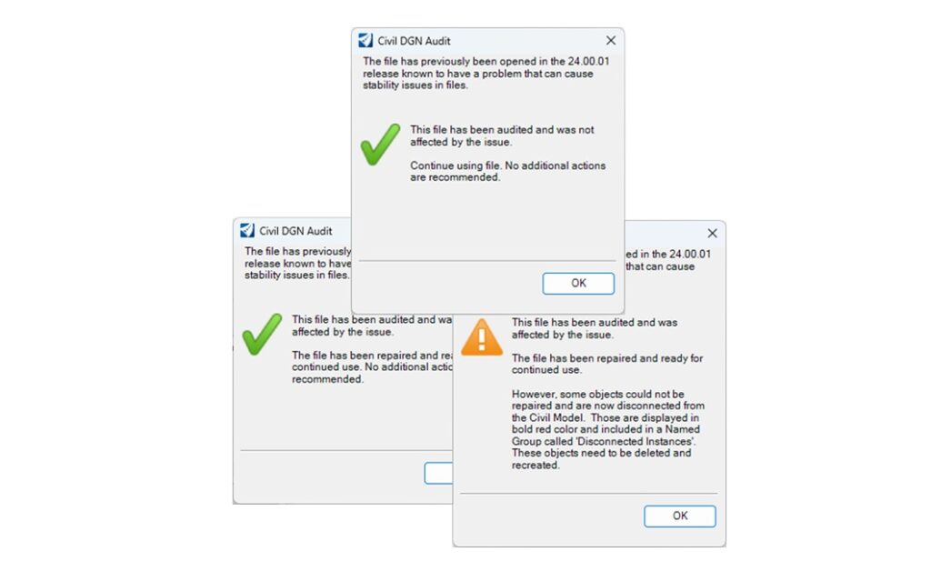 Three overlapping pop-up audit messages are displayed on a computer screen, each providing status updates with green check and orange warning icons.