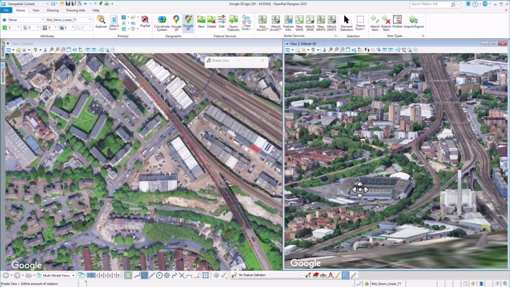 A split-screen display shows a top-down satellite view on the left and an angled 3D aerial view on the right of an urban area with roads, buildings, and railway tracks.