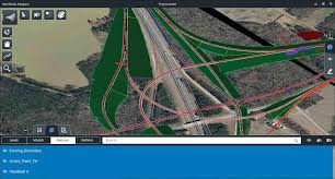 A digital map interface displays a complex highway interchange with multiple overlapping roads and highlighted routes.