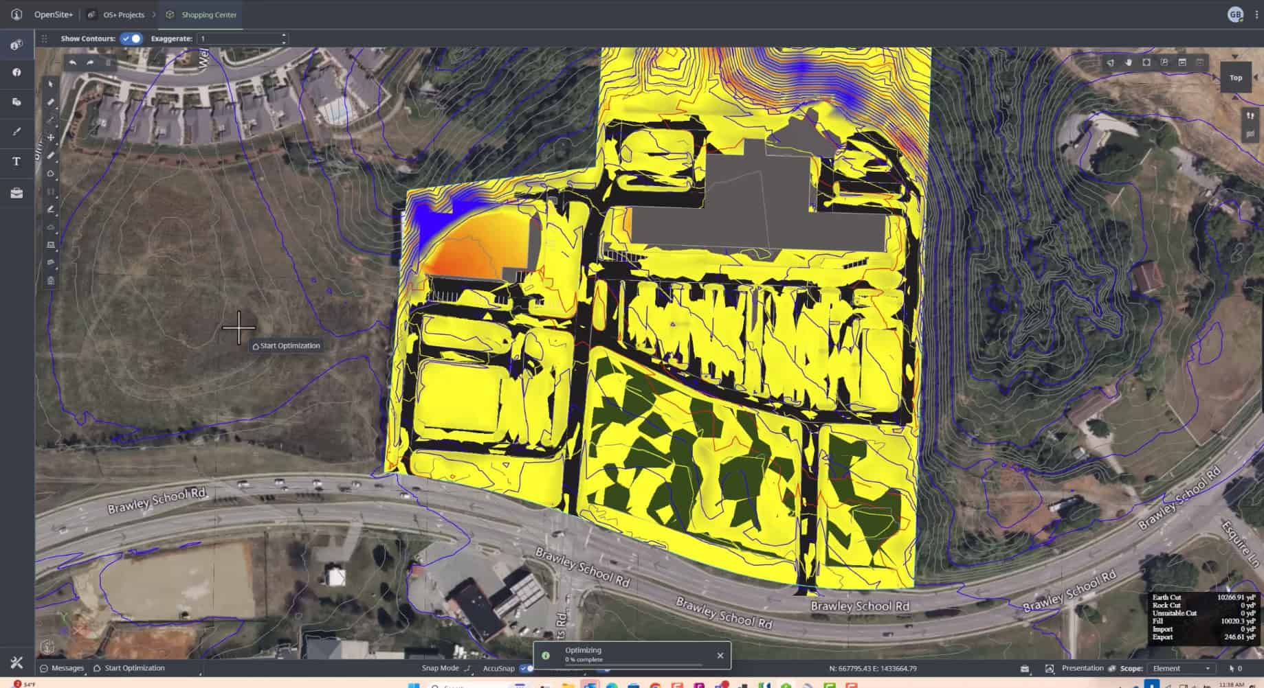 A satellite map shows a building complex with overlaid yellow contour data and black outlines, including surrounding roads and landscape features—ideal for gaining insights for engineers ahead of the 2025 Bentley Civil User Conference.