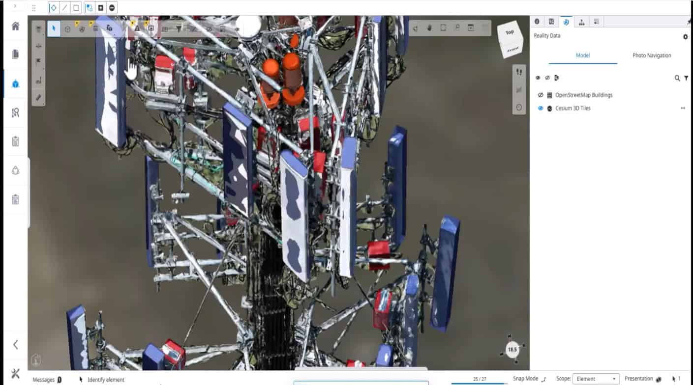 3D model of a telecommunications tower displaying various antennas, cables, and equipment, presented as a cell tower digital twin within a digital interface featuring navigation and editing tools for enhanced data clarity.