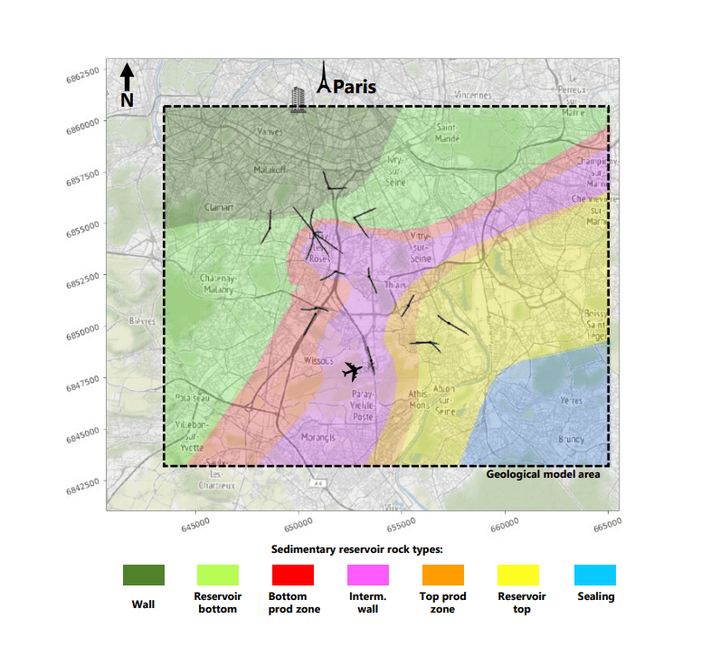 Image of the location of the modelled sedimentary Paris Basin showing the reservoir layers.