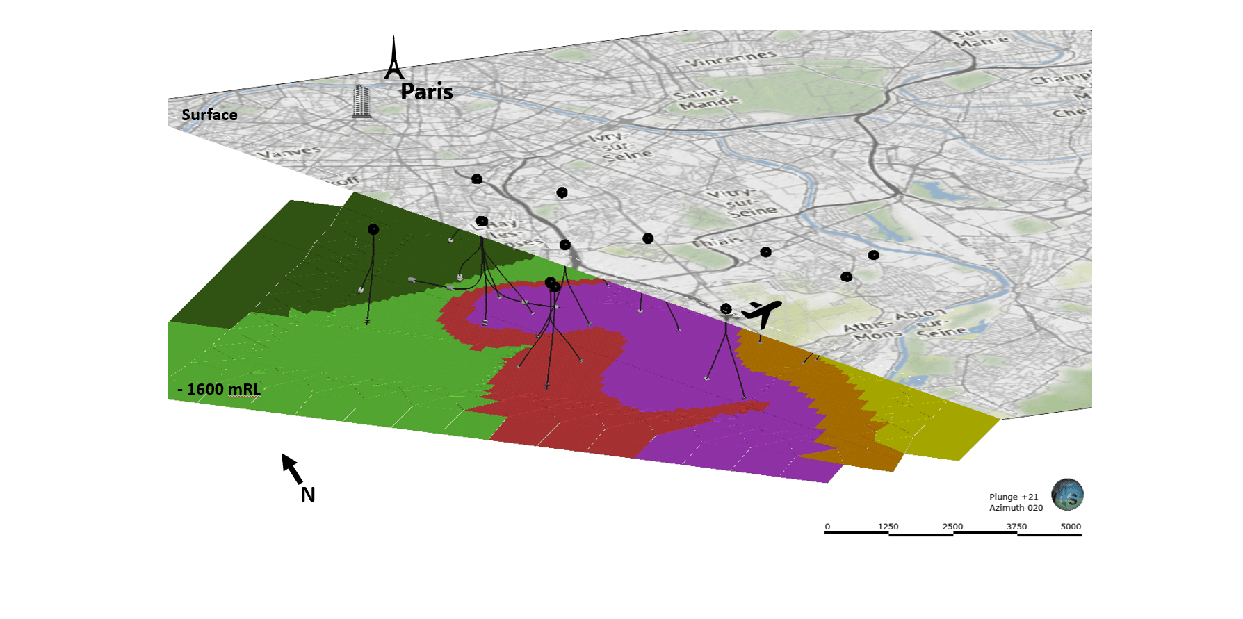 Image of Representation of the geothermal wells and the sedimentary reservoir rock types underneath the South Paris area. Top image: Drilling rig on site at Bonneuil-sur-Marne, Paris, France.