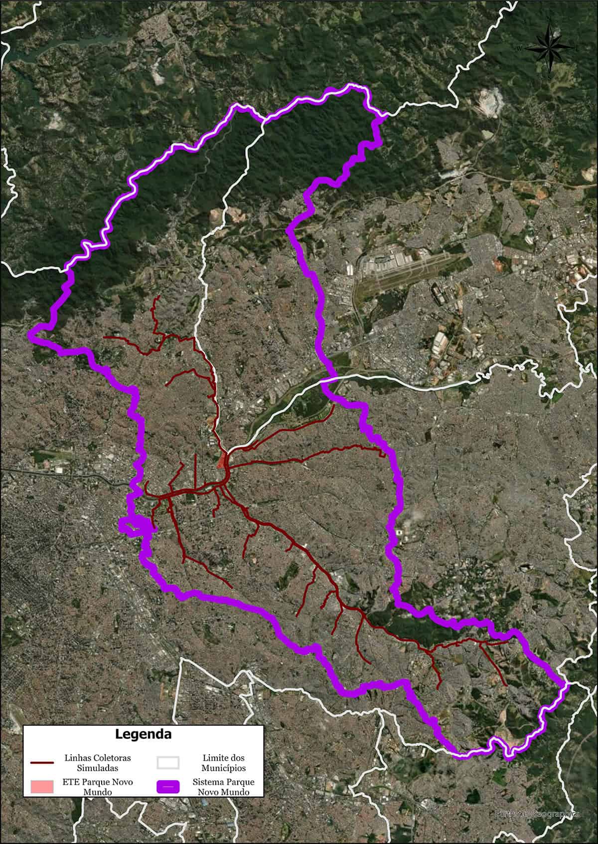 Satellite map showing a city area with red lines indicating Sabesp collector networks and a bold purple line outlining the Parque Novo Mundo system boundary. A legend explains the Smart Water map symbols driving this transformation.