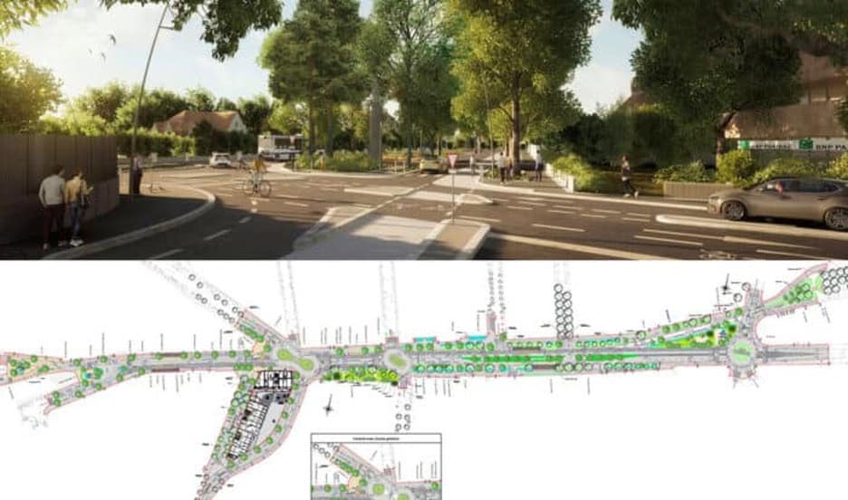 A street view of a tree-lined road with pedestrians, cyclists, and cars above a detailed site plan map of the same urban area.