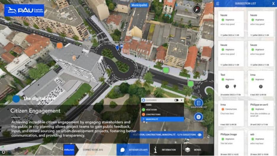 Aerial view of an urban planning digital platform interface, showing map features, citizen engagement details, and a suggestion list on the right side for future visiting Pau.