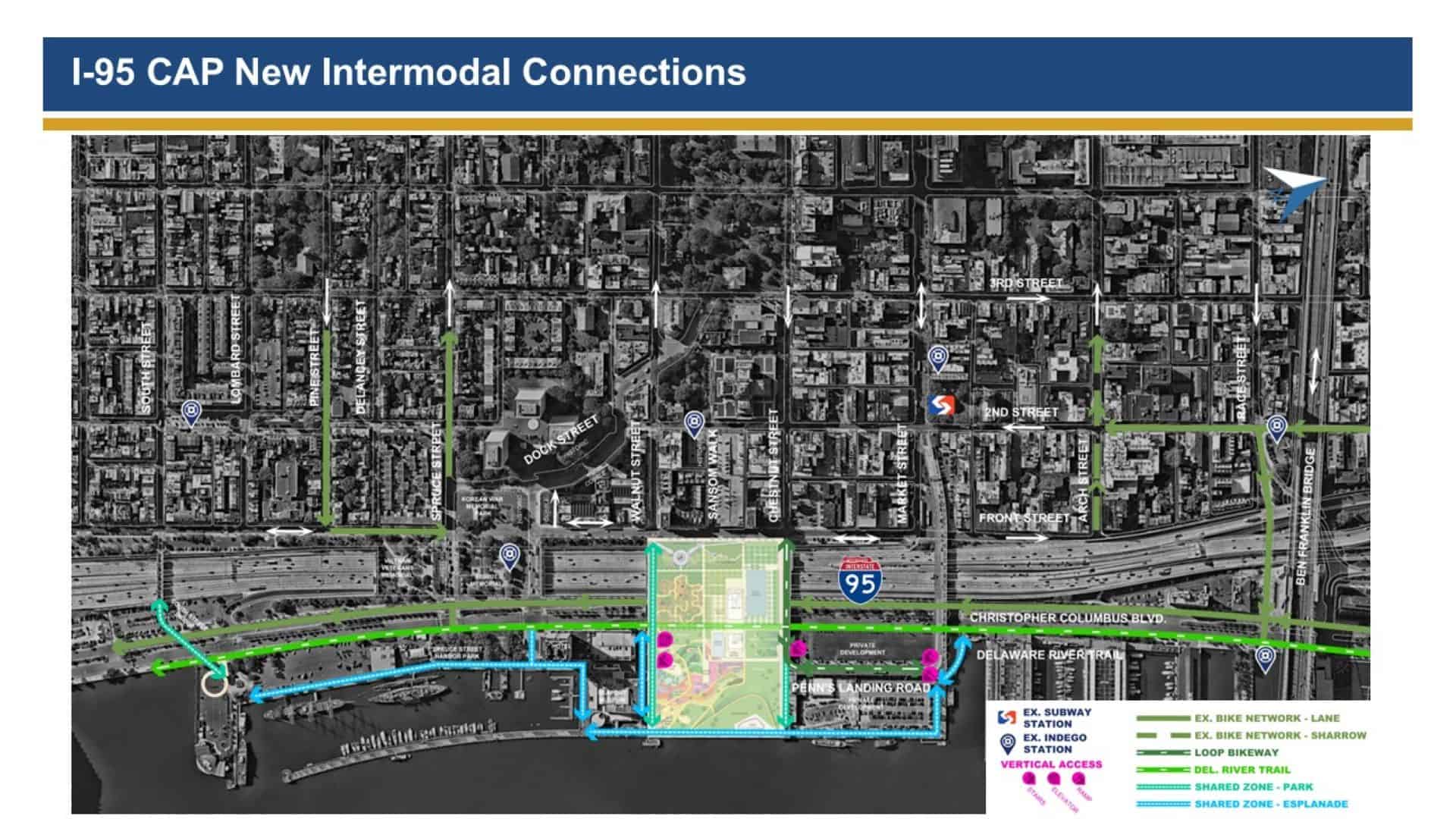 A map showing new intermodal connections for the I-95 CAP project, highlighting bike networks, green spaces, and shared road zones featuring Bridges and Tunnels near the waterfront in this Pennoni YII Project Profile.