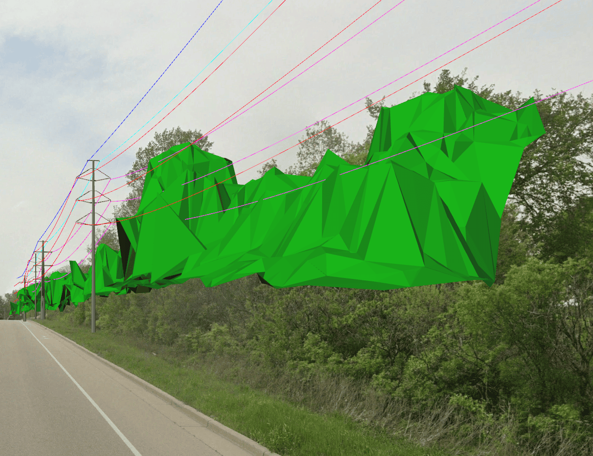 Green 3D polygons overlay trees beside a road, illustrating where vegetation intersects with America power line clearance zones.
