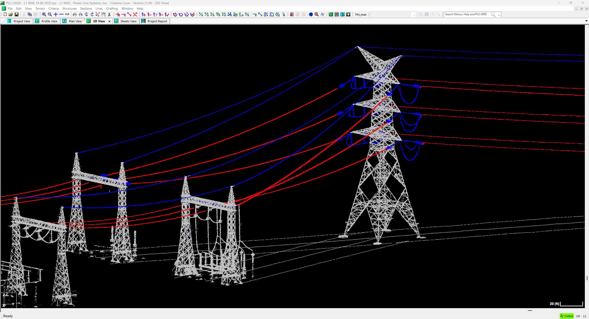 A computer-aided design (CAD) wireframe model of a power transmission tower and substation with color-coded overhead power lines on a black background.