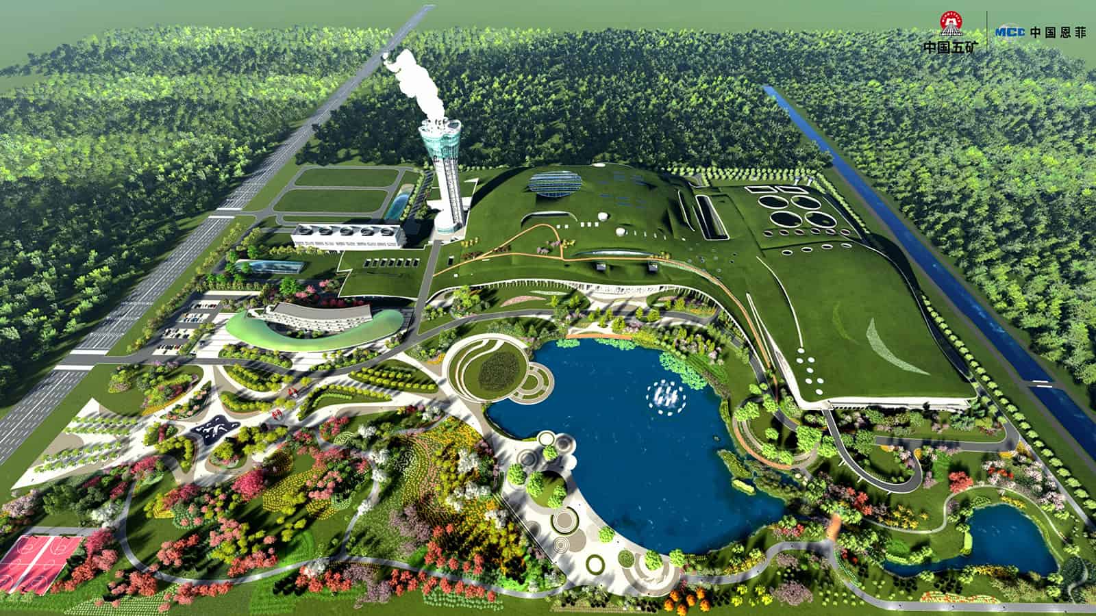 Aerial view of a modern industrial facility with green roofs and a central pond in Xiong&rsquo;an, designed for greener urban living, featuring landscaped gardens, surrounding forest, parking lot, and a plume of smoke from a tall stack.