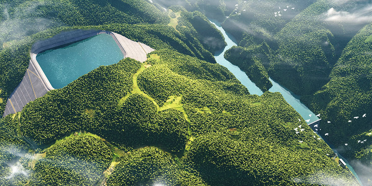 Aerial view of a large reservoir in Southwest China, surrounded by densely forested hills, with a dam structure and winding rivers showcasing the region's complex geology and commitment to clean energy.