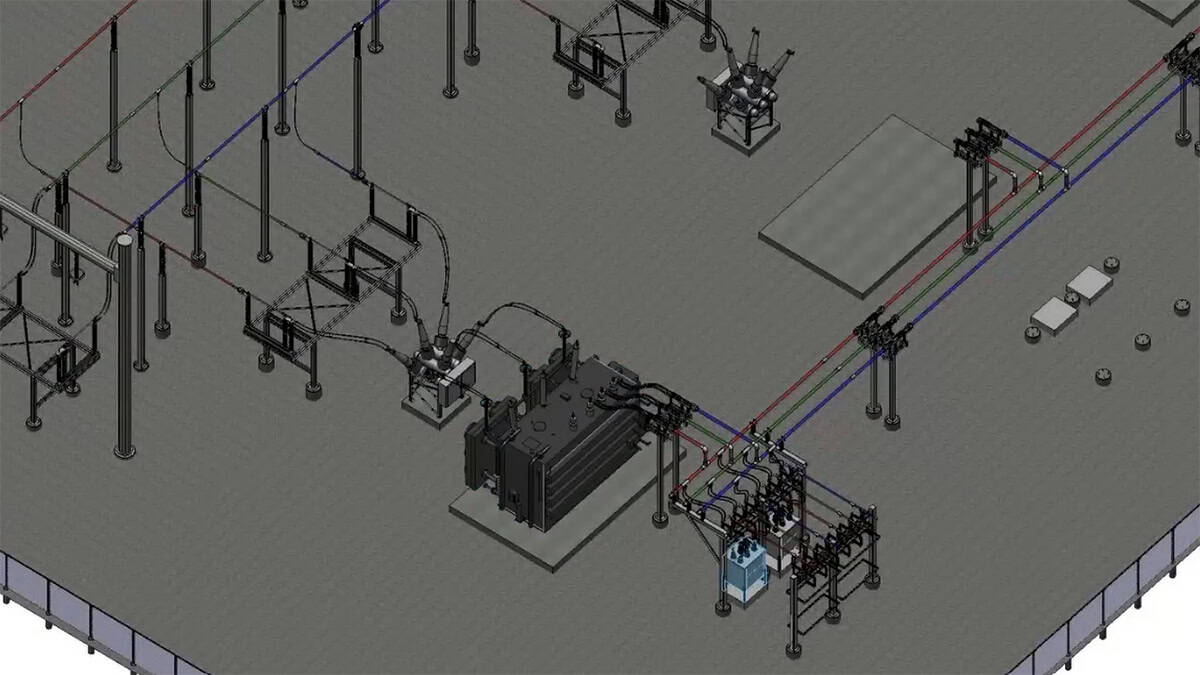 3D model of an electrical substation layout showing transformers, circuit breakers, power lines, and supporting structures on a flat surface—ideal for optimizing substation design and streamlining collaboration bottlenecks.