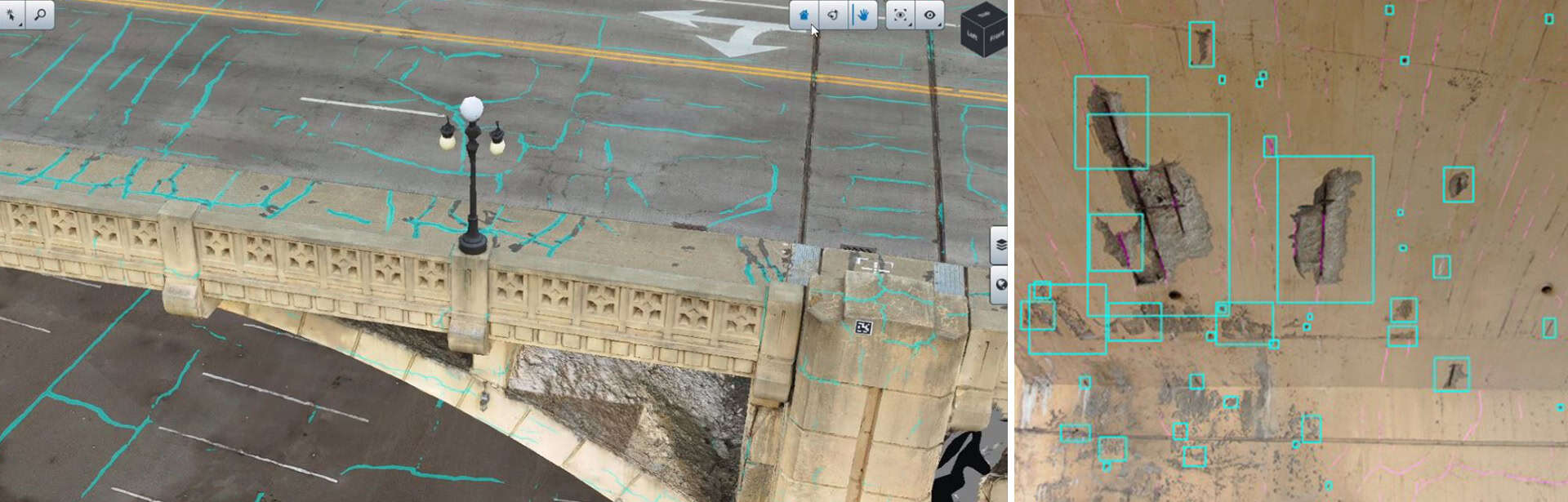 Composite image showing digital analysis of a bridge, with blue lines and boxes highlighting cracks and surface damage on both the bridge deck and underside.
