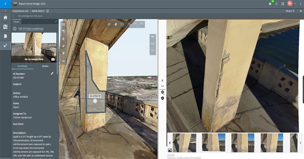 Inspection interface showing a bridge column with visible cracks and surface damage; detail images and location data are displayed on the screen.