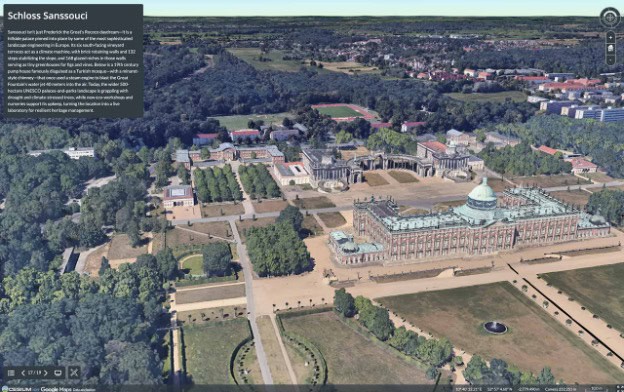 Luftbild in 3D von Schloss Sanssouci und den umliegenden Gärten in Potsdam, Deutschland, mit sichtbaren Parkanlagen, Wegen und angrenzenden Gebäuden. Informationsfeld links angezeigt.