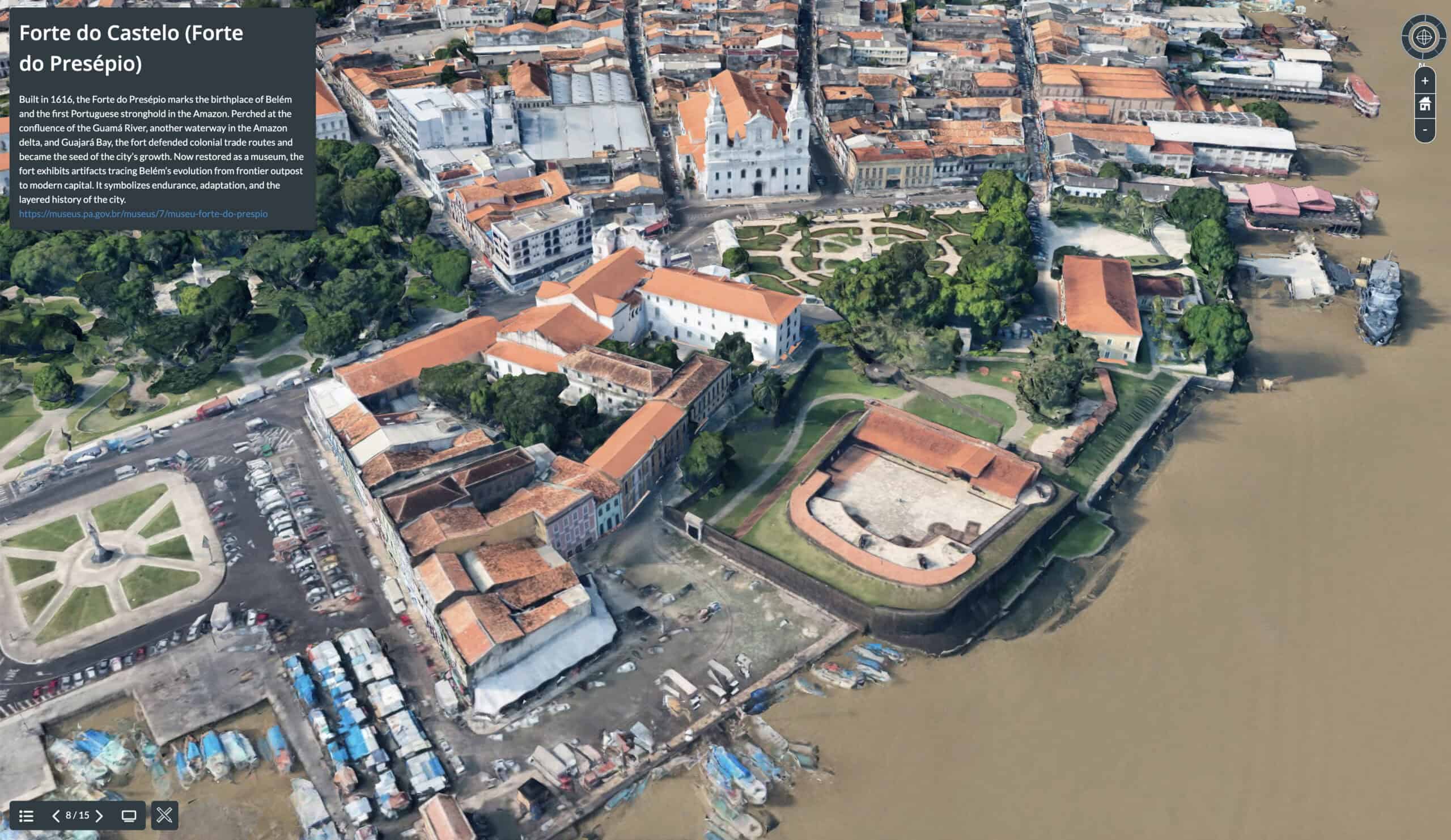Aerial view of Forte do Castelo in Belém, Brazil, showing historic buildings, green gardens, surrounding city streets, and the waterfront along the river.