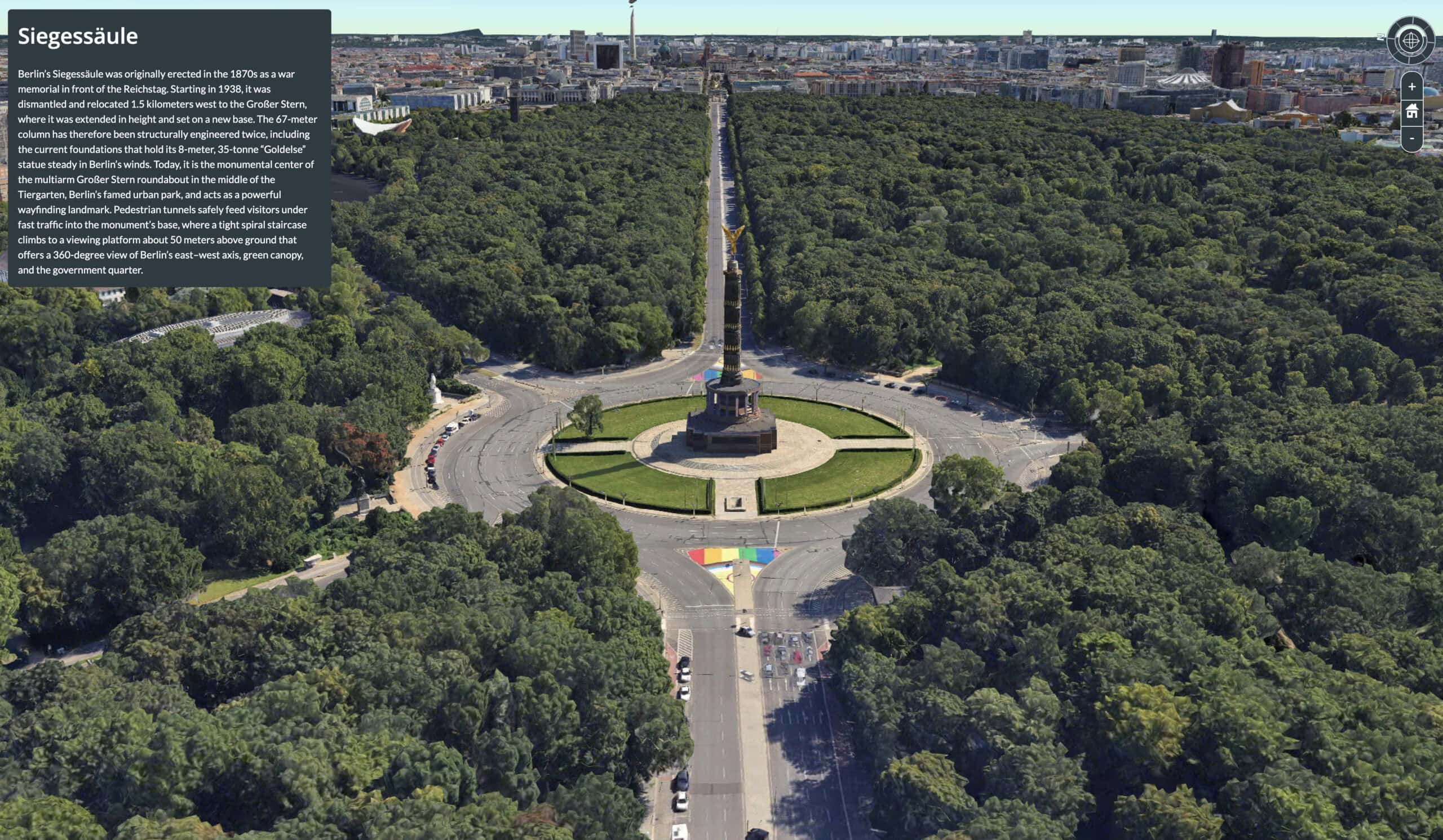 Aerial view of Berlin's Siegess&auml;ule (Victory Column) at the center of a large traffic roundabout, surrounded by dense trees and city buildings in the background.