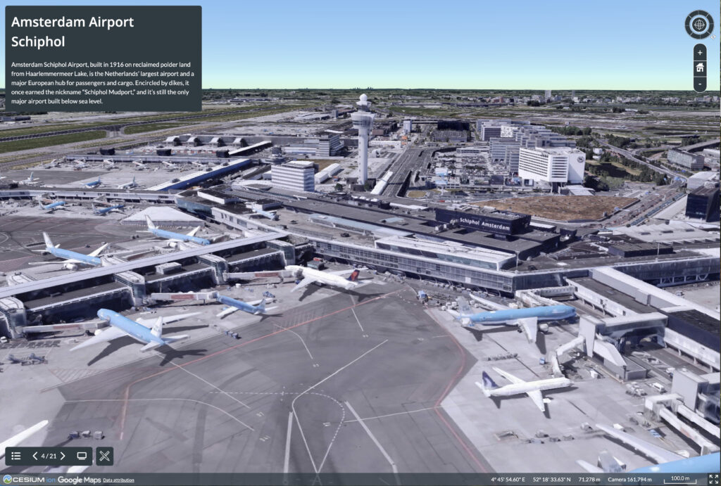 Aerial view of Amsterdam Airport Schiphol in the Netherlands showing multiple airplanes parked at gates, airport buildings, and runways, with descriptive text overlay about the airport.