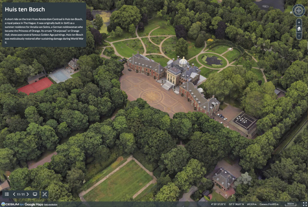 Aerial view of Huis ten Bosch, a large historic palace in the Netherlands, surrounded by dense trees and gardens, with paved areas and pathways visible; the scene captures a striking 3D perspective near The Hague.