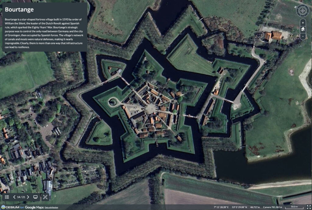 Aerial 3D view of the star-shaped Bourtange fortress in the Netherlands, surrounded by water and green land, showcasing how the Dutch used ingenuity to conquer the sea, with historic buildings nestled inside the fort.