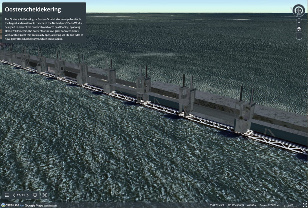 Aerial 3D view of the Oosterscheldekering storm surge barrier spanning the sea in the Netherlands, with large concrete pillars and steel gates. Text box provides information about this impressive structure.