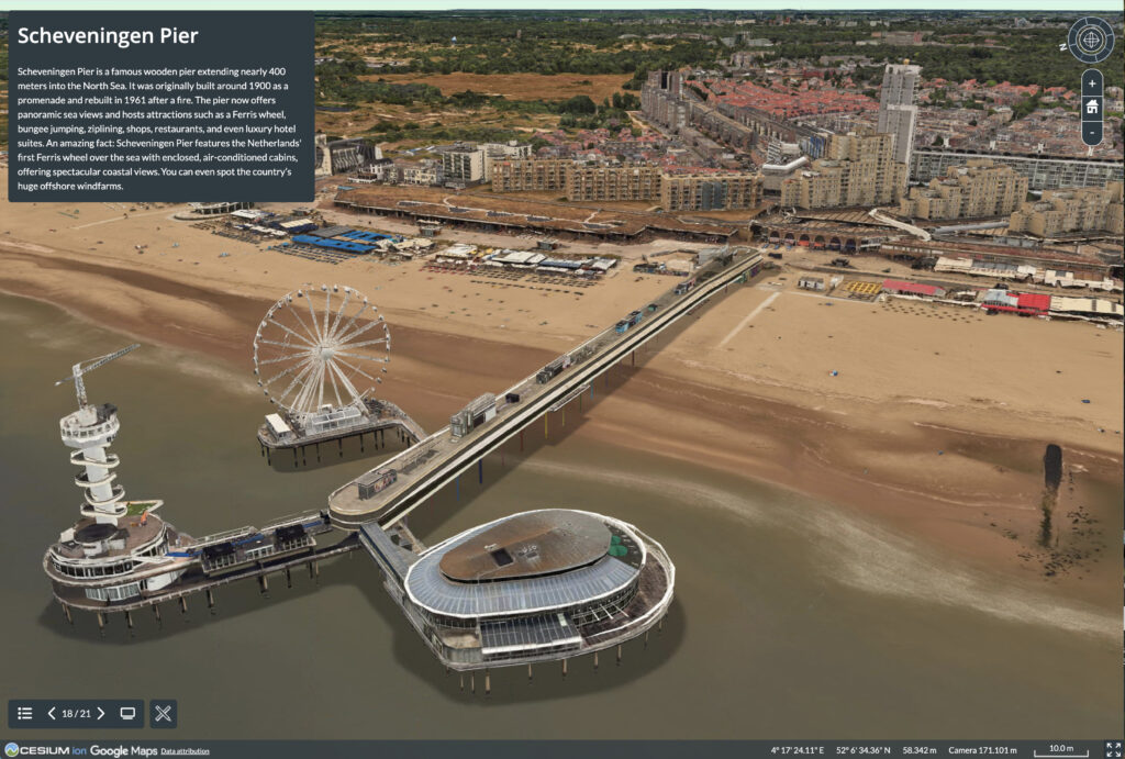 Aerial 3D view of Scheveningen Pier in the Netherlands extending into the sea, with a ferris wheel, sandy beach, and urban buildings in the background on a clear day.