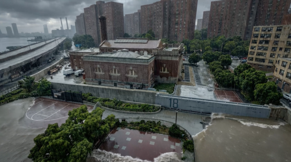 A flooded urban area with rising water surrounding a brick building and nearby basketball courts, highlighting resilient architecture against the backdrop of tall apartment buildings under a cloudy sky.