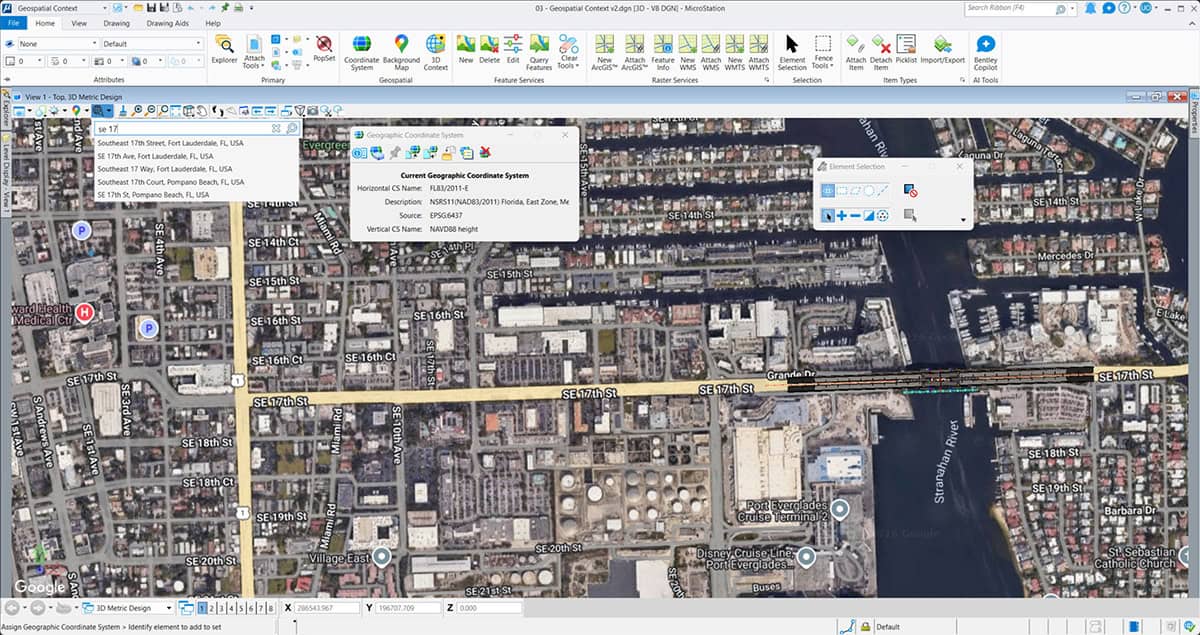 A satellite map view of an urban area is displayed in GIS software with toolbars, map layers, and location information visible, seamlessly integrated with Infrastructure Engineering tools and compatible with MicroStation 2026.