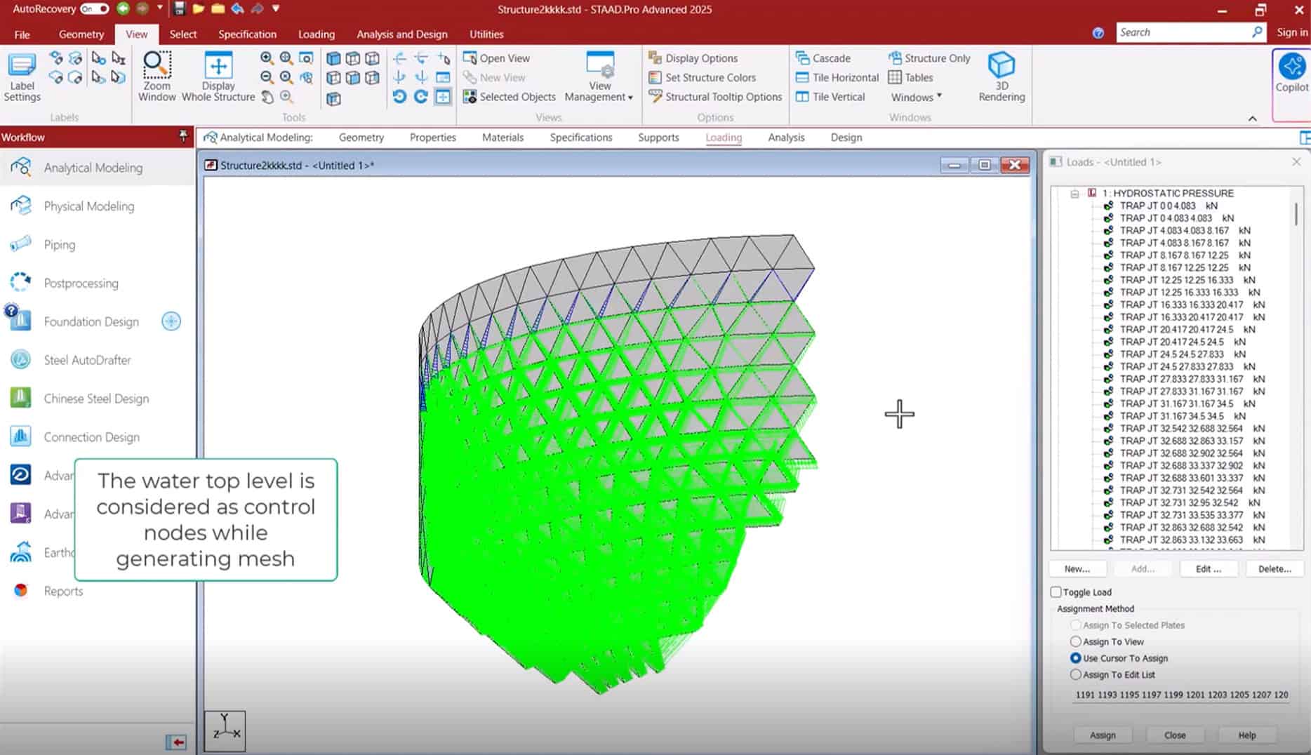 A 3D structural analysis software interface shows a meshed surface model with a highlighted note stating the top water level is used as a control for mesh generation.