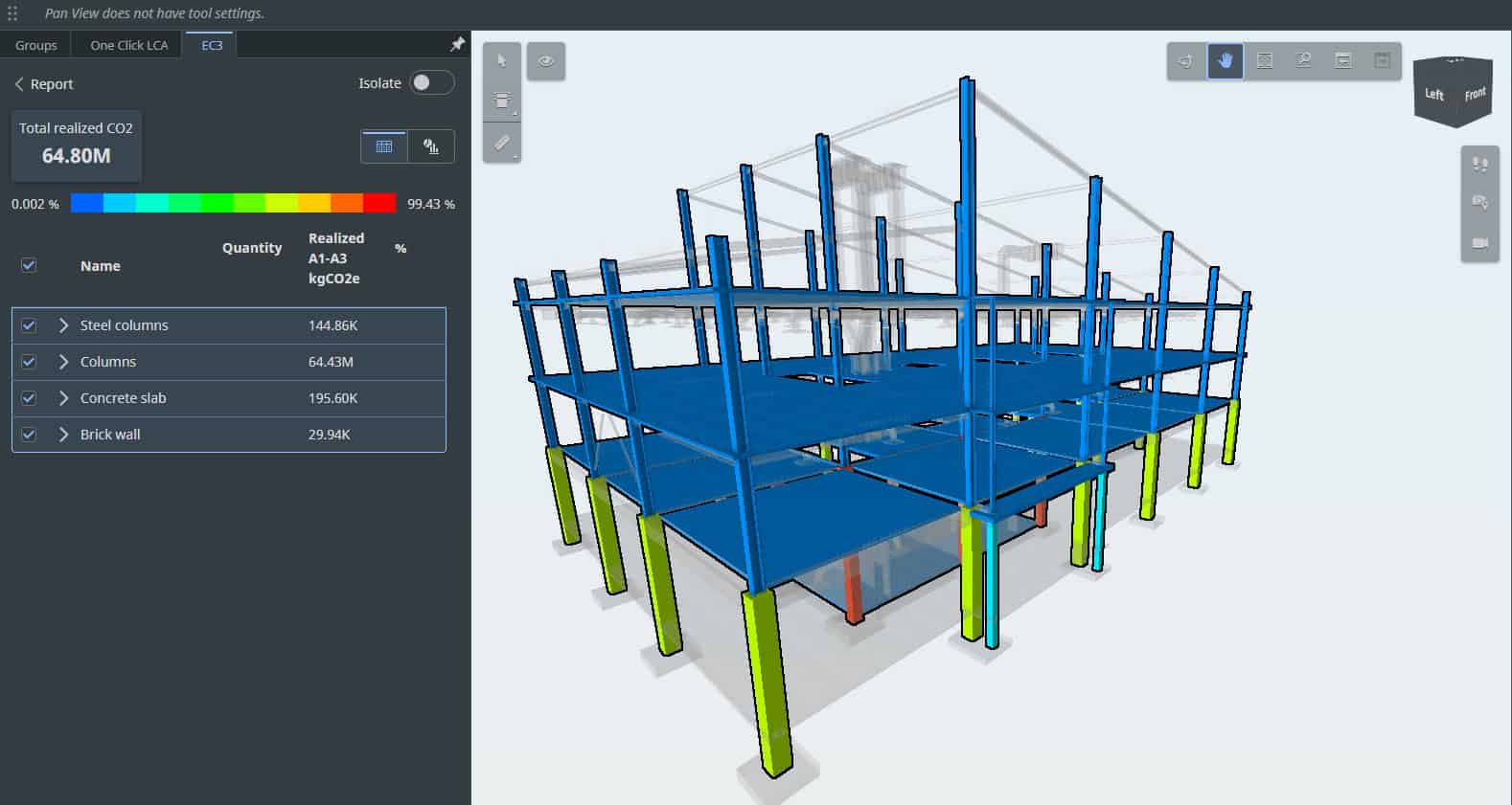 3D structural model showing a multi-story steel frame building with labeled components, a CO2 emission summary on the left panel, and green blueprint elements to support smarter infrastructure decisions.