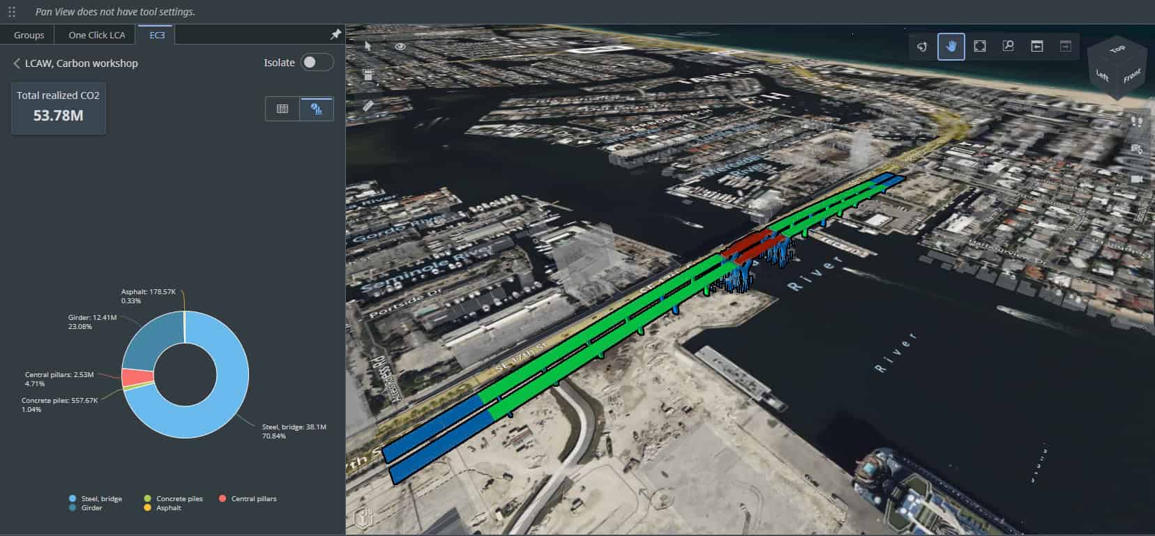 A 3D map view of a waterfront area with a bridge highlighted in green and blue, and a pie chart showing carbon compliance data on the left to guide infrastructure decisions.