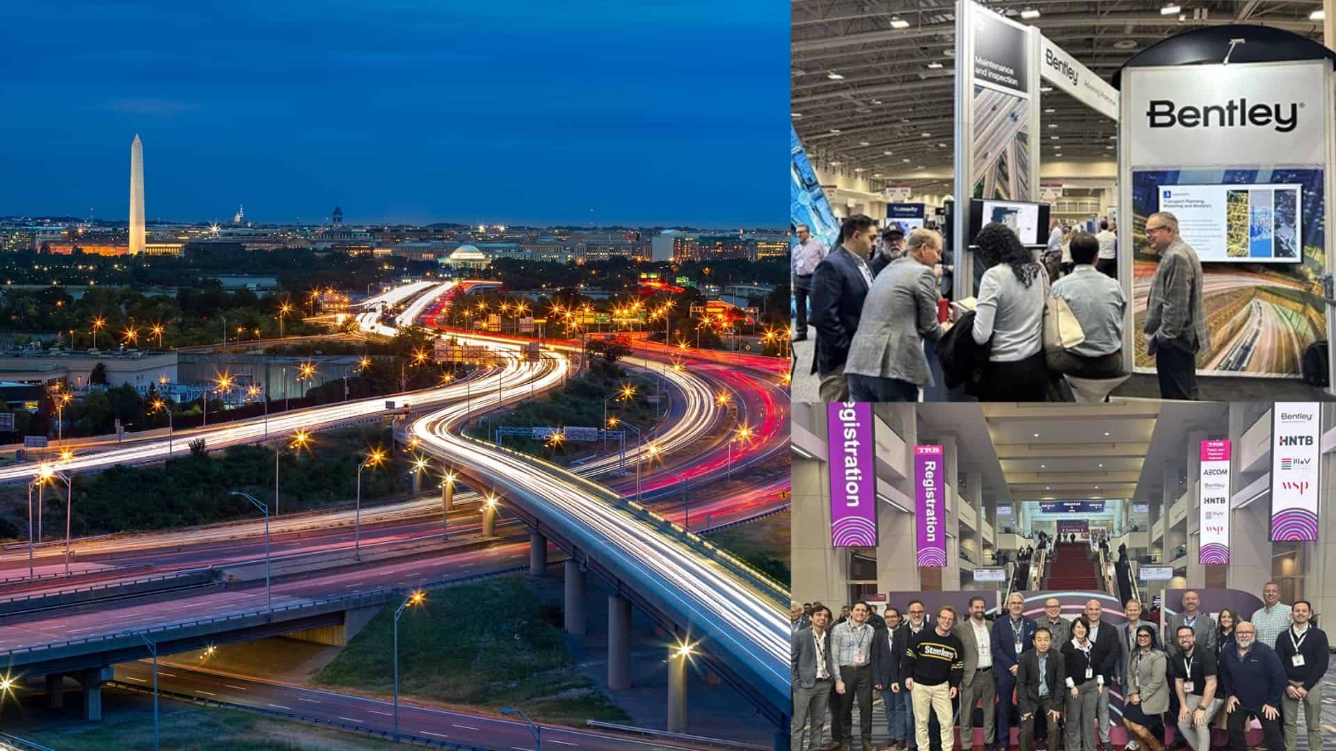 Composite image showing a cityscape of Washington D.C. at night on the left, and scenes showing Bentley colleagues demonstrating how AI, digital twins, and connected data are reshaping transportation infrastructure, and group shot of Bentley colleagues on the right.