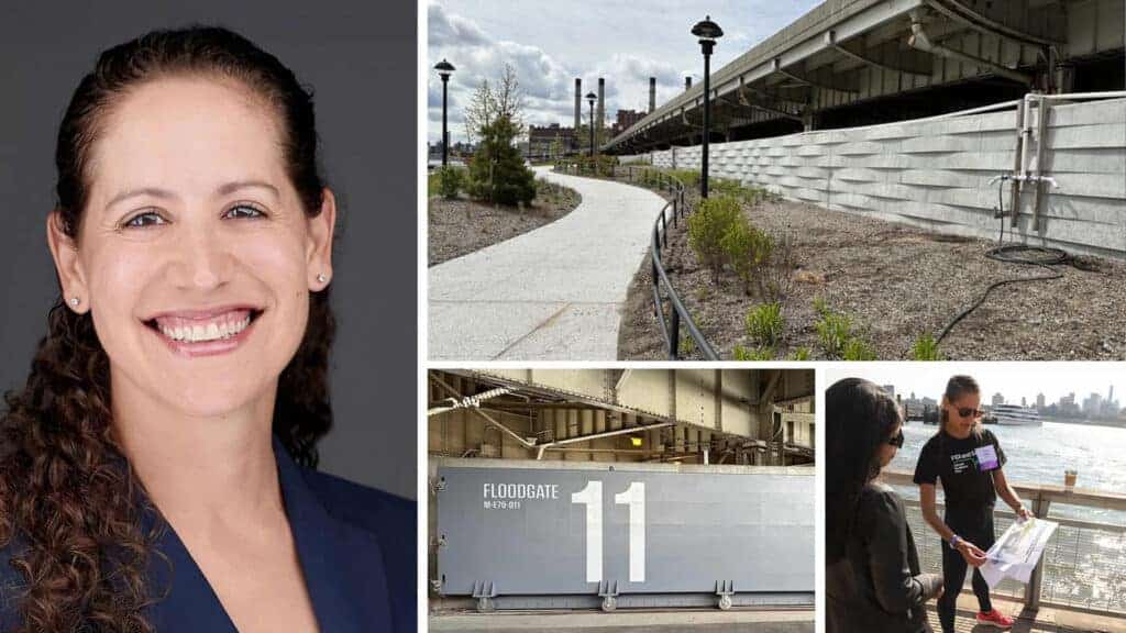 A collage featuring a smiling woman, a riverside walkway, a floodgate labeled 11, and two people discussing a map outdoors near the water.