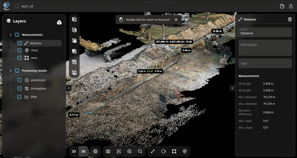 A 3D point cloud map interface showing distance measurements between points, with measurement data and layer controls visible on the side panels.