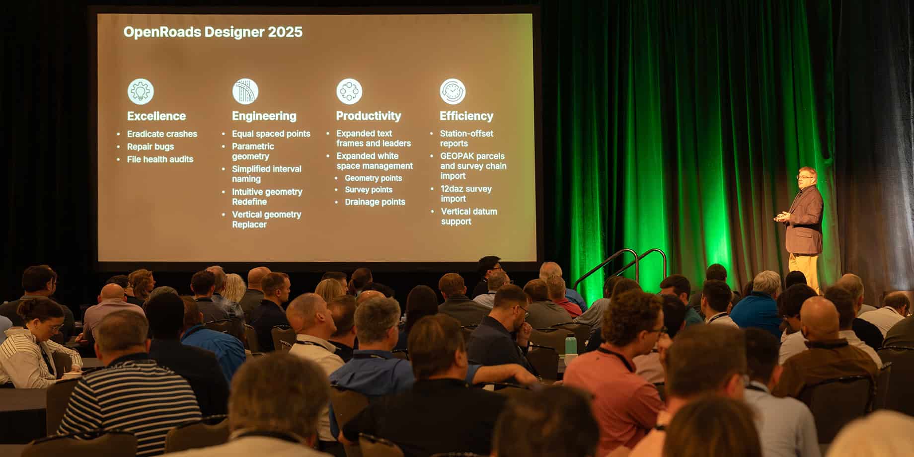A speaker addresses engineers at the Bentley Civil User Conference; a large screen displays OpenRoads Designer 2025 with goals for Excellence, Engineering, Productivity, and Efficiency.