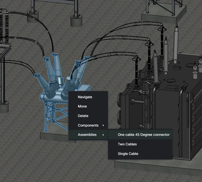 3D model of electrical equipment with a context menu open, displaying options for assemblies, cable connector configurations, and access to substation data model features.