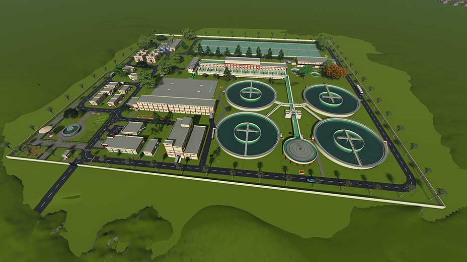 Aerial view of a large wastewater treatment plant with circular clarifiers, rectangular buildings, roads, and green landscaped areas.