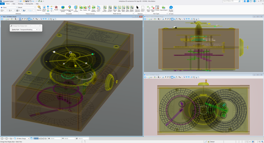 3D CAD model of a mechanical device with gears, levers, and dials—reminiscent of an ancient computer—shown in multiple transparent viewports and orientations on a computer screen.