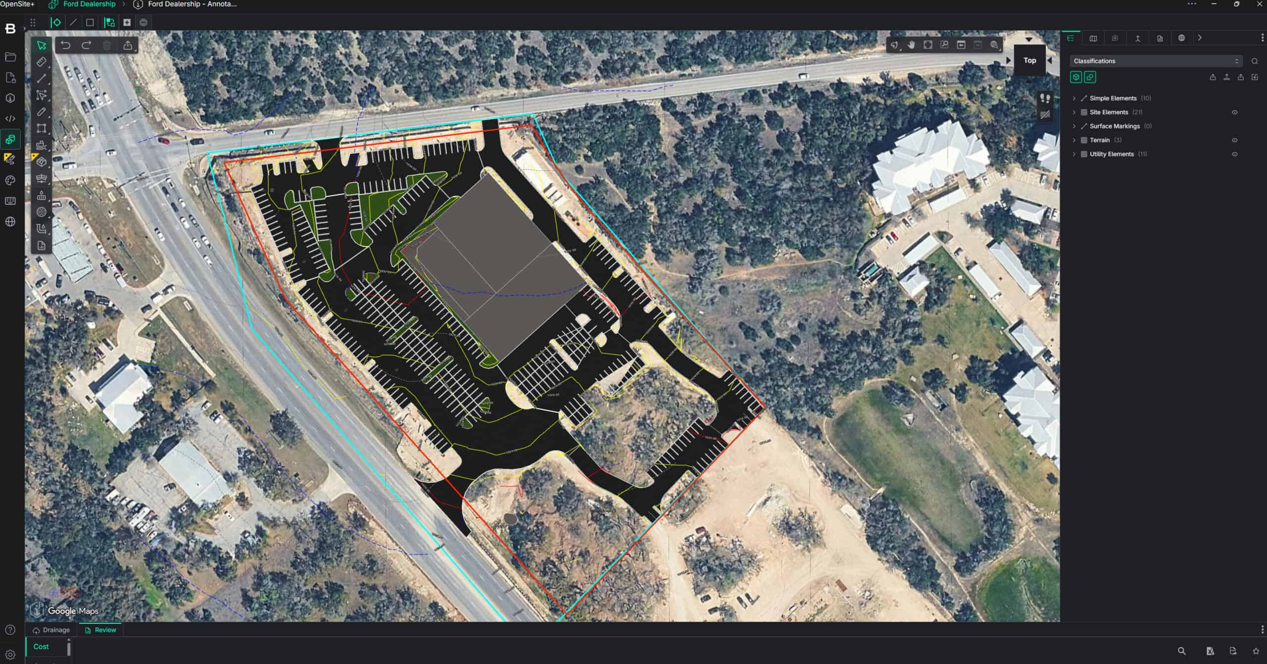 Aerial map shows a building site plan with outlined parking spaces, driveways, and surrounding roads overlaid on a satellite image of a wooded area, highlighting the careful integration of new infrastructure within the landscape.