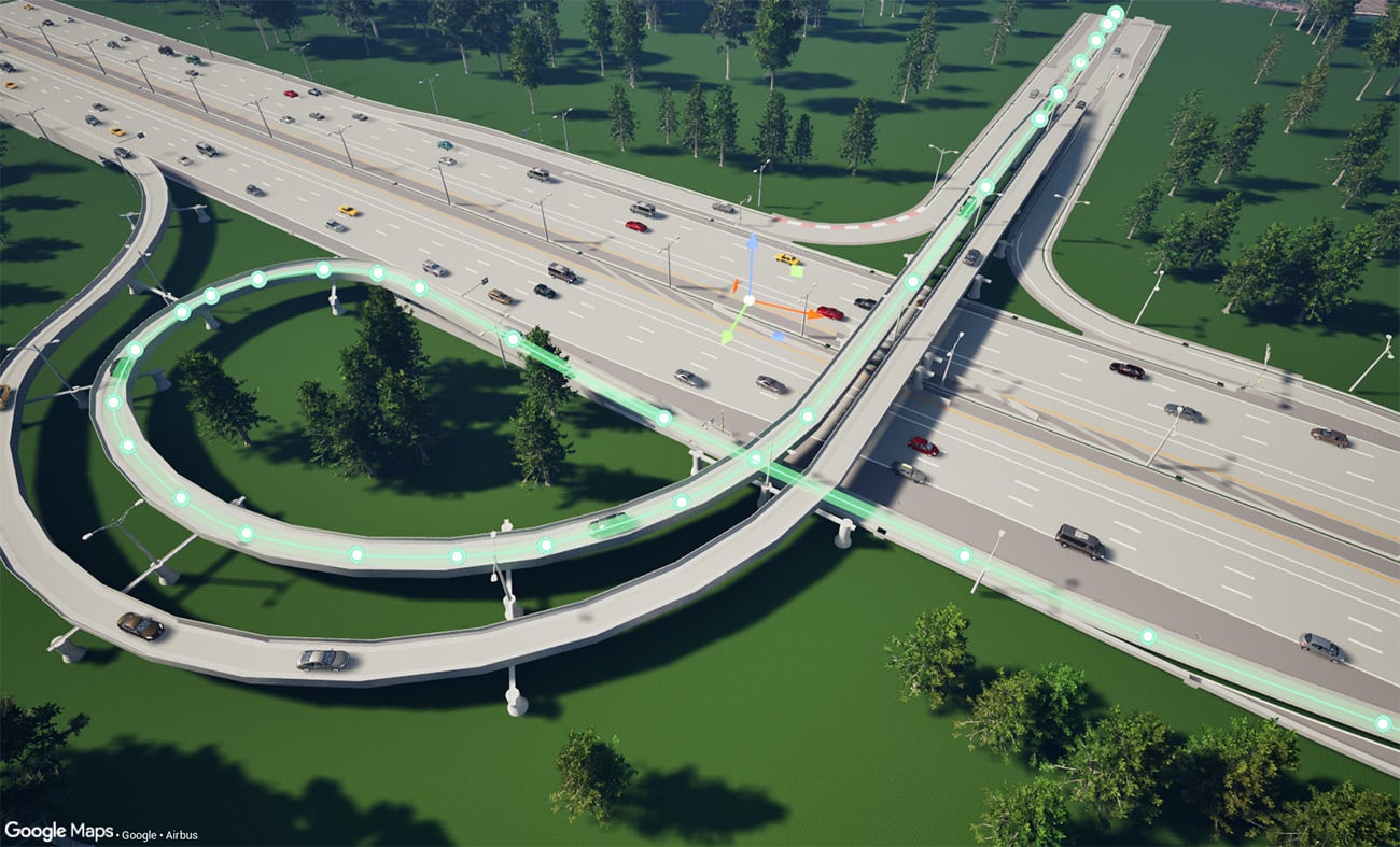 Highway interchange digital twin visualization showing connected infrastructure data, traffic flow simulation, and real-time project context for decision-making.