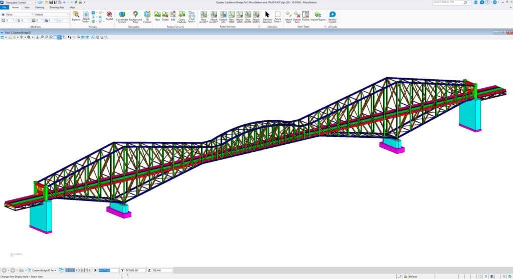 3D structural model of a truss bridge displayed in engineering software, showing colored elements, supports, and interface menus at the top of the screen.